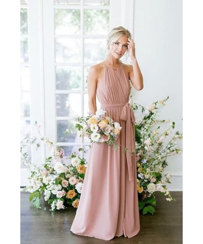 Halter Bridesmaid Dresses for Wedding Pleated Chiffon Long Formal Dresses with Slit Mint $21.00 Dresses