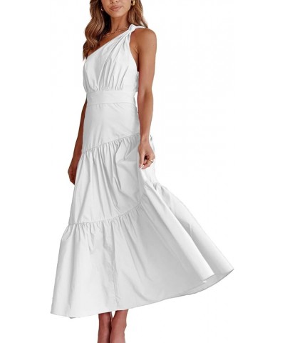 Women's Casual One Shoulder Layered Ruched Sleeveless Swing Flowy Maxi Dress Pure White $19.13 Dresses