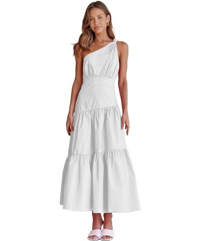 Women's Casual One Shoulder Layered Ruched Sleeveless Swing Flowy Maxi Dress Pure White $19.13 Dresses