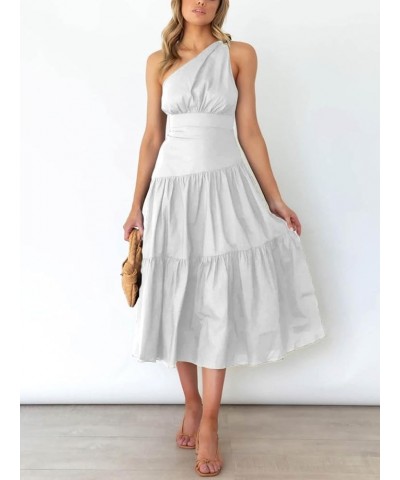 Women's Casual One Shoulder Layered Ruched Sleeveless Swing Flowy Maxi Dress Pure White $19.13 Dresses