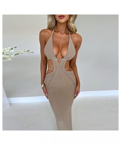 Women Y2k Crochet Knitted Halter Long Dress V Neck Sleeveless Maxi Midi Dress Sexy Open Back Beach Dress Streetwear X-khaki $...