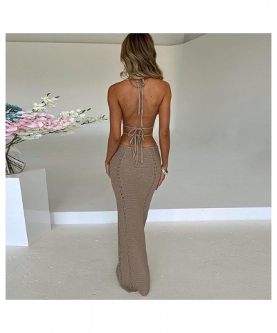 Women Y2k Crochet Knitted Halter Long Dress V Neck Sleeveless Maxi Midi Dress Sexy Open Back Beach Dress Streetwear X-khaki $...