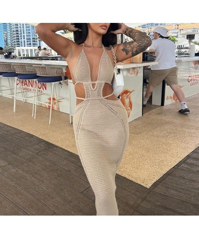 Women Y2k Crochet Knitted Halter Long Dress V Neck Sleeveless Maxi Midi Dress Sexy Open Back Beach Dress Streetwear X-khaki $...