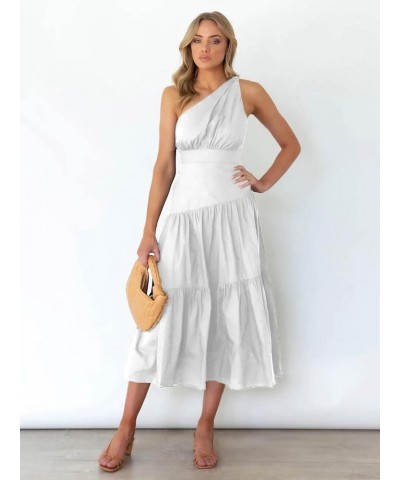 Women's Casual One Shoulder Layered Ruched Sleeveless Swing Flowy Maxi Dress Pure White $19.13 Dresses