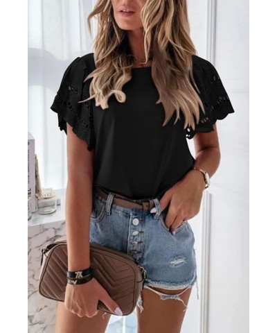 Women Summer Crewneck Bell Sleeves Tops 2024 Casual Solid Crochet T Shirts Hollow Out Sleeves Loose Fit Blouses Solid Black $...