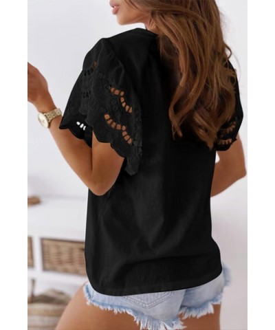 Women Summer Crewneck Bell Sleeves Tops 2024 Casual Solid Crochet T Shirts Hollow Out Sleeves Loose Fit Blouses Solid Black $...