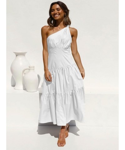 Women's Casual One Shoulder Layered Ruched Sleeveless Swing Flowy Maxi Dress Pure White $19.13 Dresses