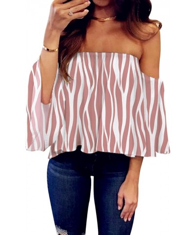 Women's Summer Off Shoulder Blouses Short Sleeves Sexy Tops Chiffon Ruffles Casual T Shirt Z Pink $14.39 Blouses