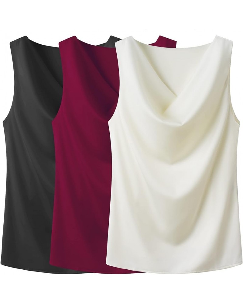 Women's Cowl Neck Camisole Silk Satin Adjustable Spaghetti Strap Tank Top Cami Blouse S-3XL Regular Fit Tank - Black+white+wi...