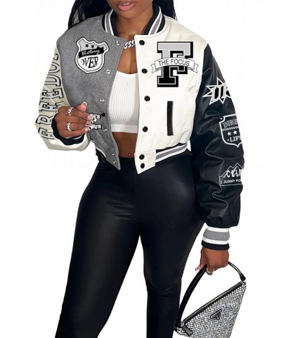 Women's Varsity Jacket Print Cropped Color Block Jacket 2024 Unisex Baseball Bomber Y2K Streetwear Coats(LightGrey-S) $22.49 ...