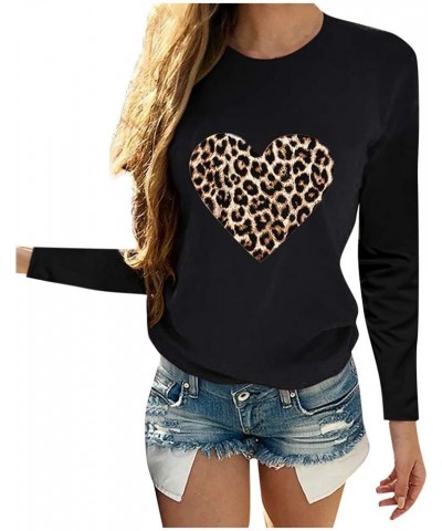 Women's Valentine Tops Leopard Heart Print Long Sleeve Crewneck Oversized Pullover Tops Black $7.32 Activewear