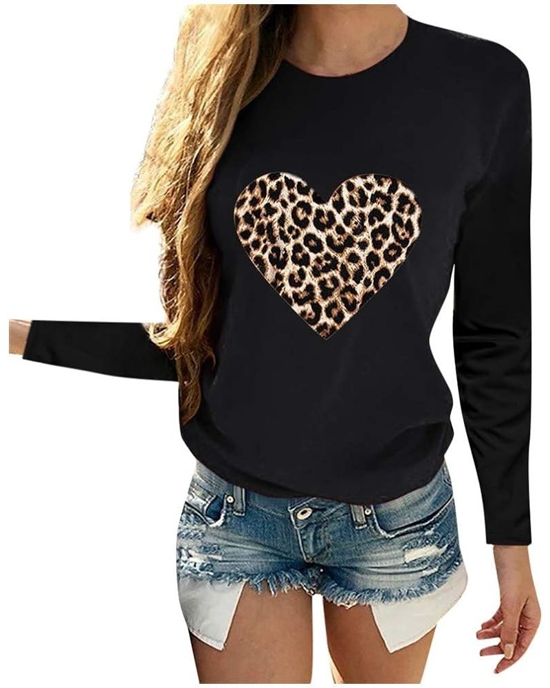 Women's Valentine Tops Leopard Heart Print Long Sleeve Crewneck Oversized Pullover Tops Black $7.32 Activewear