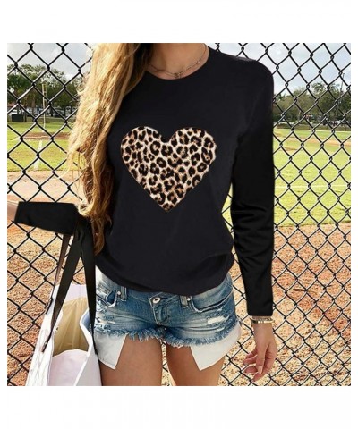 Women's Valentine Tops Leopard Heart Print Long Sleeve Crewneck Oversized Pullover Tops Black $7.32 Activewear