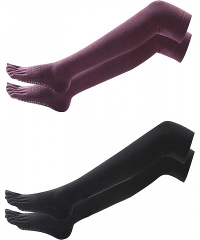 Women's Long Warm Socks Non-Slip Skid Cotton Toes Socks for Pilates Yoga Fitness Black Wine Red $9.90 Activewear