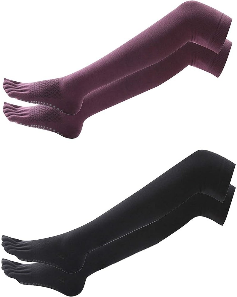 Women's Long Warm Socks Non-Slip Skid Cotton Toes Socks for Pilates Yoga Fitness Black Wine Red $9.90 Activewear