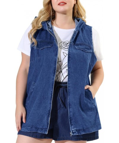 Plus Size Denim Vest for Women Sleeveless Lightweight Hoodie Utility 2023 Denim Jacket Vests Dark Blue $22.88 Vests