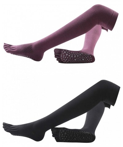 Women's Long Warm Socks Non-Slip Skid Cotton Toes Socks for Pilates Yoga Fitness Black Wine Red $9.90 Activewear