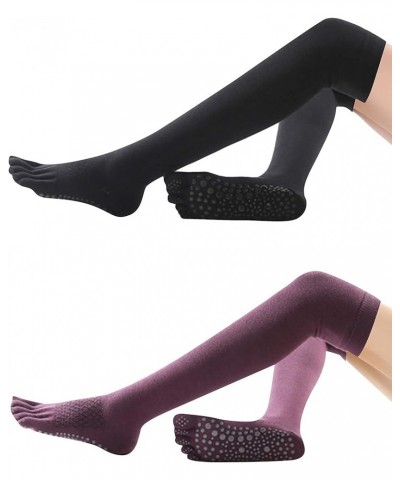 Women's Long Warm Socks Non-Slip Skid Cotton Toes Socks for Pilates Yoga Fitness Black Wine Red $9.90 Activewear