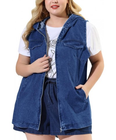 Plus Size Denim Vest for Women Sleeveless Lightweight Hoodie Utility 2023 Denim Jacket Vests Dark Blue $22.88 Vests