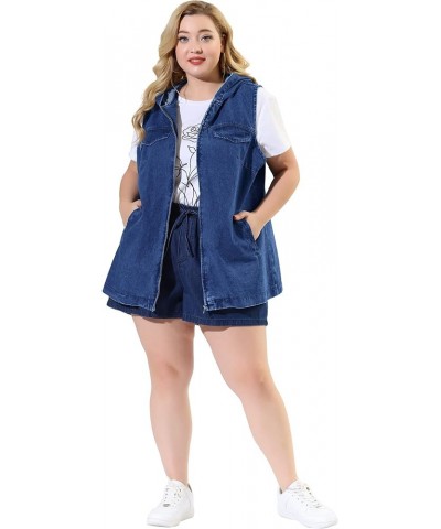 Plus Size Denim Vest for Women Sleeveless Lightweight Hoodie Utility 2023 Denim Jacket Vests Dark Blue $22.88 Vests