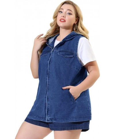 Plus Size Denim Vest for Women Sleeveless Lightweight Hoodie Utility 2023 Denim Jacket Vests Dark Blue $22.88 Vests