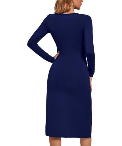 Women's Split Thigh Slit Hem Crew Neck Long Sleeve Solid Bodycon Midi Dress Dark Blue $21.41 Dresses