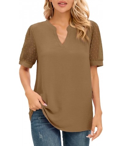 Womens Summer Casual Shirts Short Sleeve Tops Notch V Neck Blouses Trendy Tunic B:brown $11.99 Tops