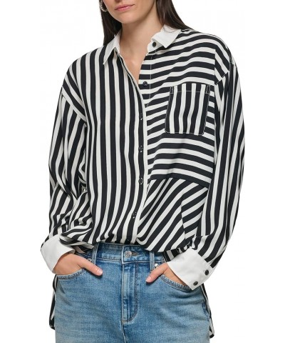 Women's Soft Long Sleeve Stripe Everyday Fashion Sport Blouse Black Sft White $33.54 Blouses