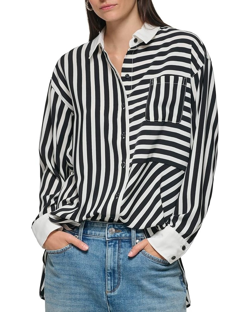 Women's Soft Long Sleeve Stripe Everyday Fashion Sport Blouse Black Sft White $33.54 Blouses