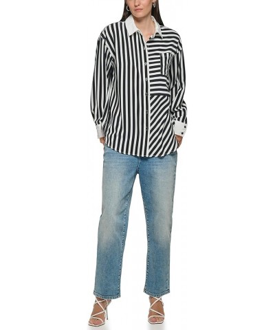 Women's Soft Long Sleeve Stripe Everyday Fashion Sport Blouse Black Sft White $33.54 Blouses