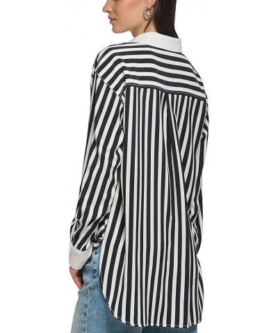 Women's Soft Long Sleeve Stripe Everyday Fashion Sport Blouse Black Sft White $33.54 Blouses