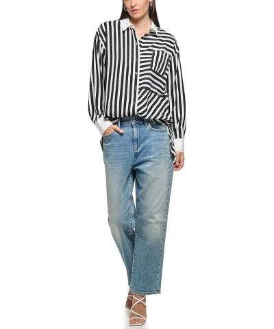 Women's Soft Long Sleeve Stripe Everyday Fashion Sport Blouse Black Sft White $33.54 Blouses