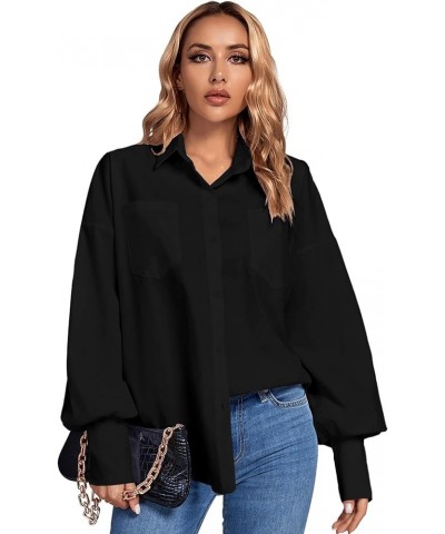 Women's Collar V Neck Button Front Puff Long Sleeve Loose Shirt Office Blouse Top Black $12.00 Blouses