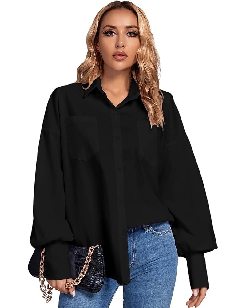 Women's Collar V Neck Button Front Puff Long Sleeve Loose Shirt Office Blouse Top Black $12.00 Blouses