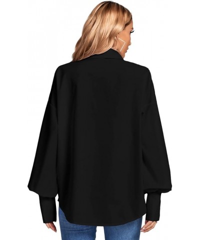 Women's Collar V Neck Button Front Puff Long Sleeve Loose Shirt Office Blouse Top Black $12.00 Blouses