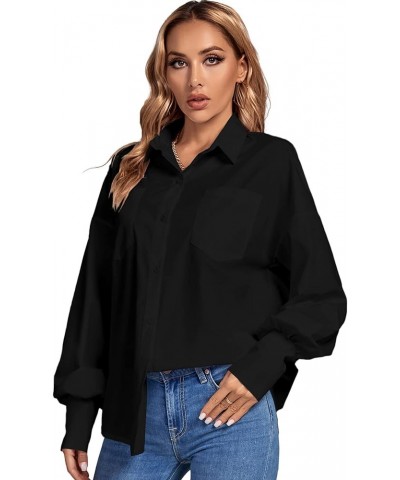 Women's Collar V Neck Button Front Puff Long Sleeve Loose Shirt Office Blouse Top Black $12.00 Blouses