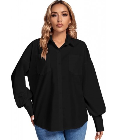 Women's Collar V Neck Button Front Puff Long Sleeve Loose Shirt Office Blouse Top Black $12.00 Blouses