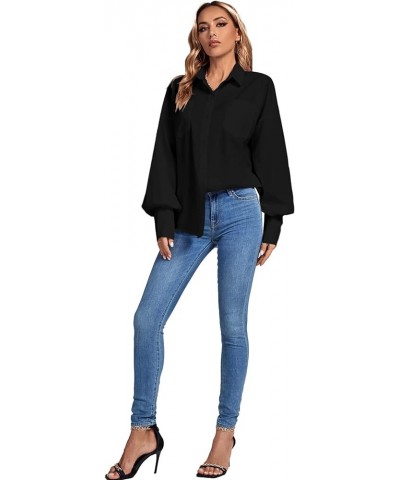 Women's Collar V Neck Button Front Puff Long Sleeve Loose Shirt Office Blouse Top Black $12.00 Blouses