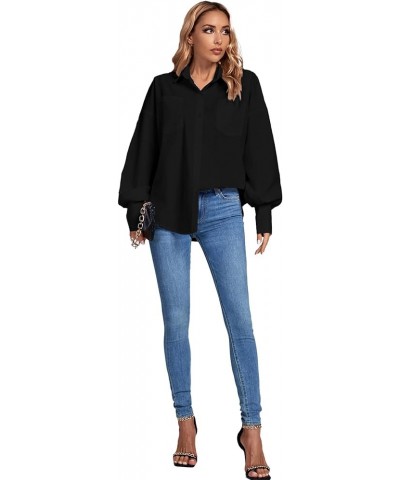 Women's Collar V Neck Button Front Puff Long Sleeve Loose Shirt Office Blouse Top Black $12.00 Blouses