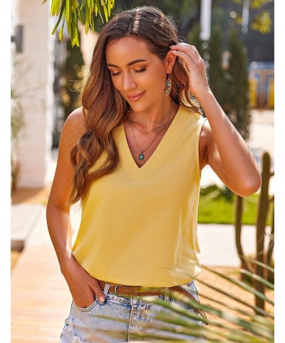 Womens Cotton Linen Tank Tops V Neck Casual Cami Sleeveless Blouses Summer Basic Tank Shirt S-XXXL Yellow $12.76 Tanks