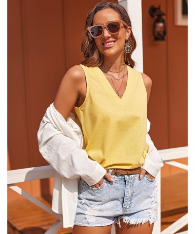 Womens Cotton Linen Tank Tops V Neck Casual Cami Sleeveless Blouses Summer Basic Tank Shirt S-XXXL Yellow $12.76 Tanks