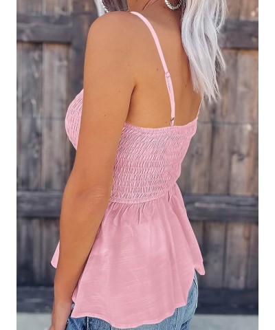 Womens Summer Smocked Tank Tops Spaghetti Strap V Neck Cropped Sleeveless Peplum Blouses Pink $12.99 Tanks