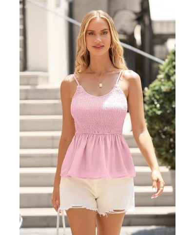 Womens Summer Smocked Tank Tops Spaghetti Strap V Neck Cropped Sleeveless Peplum Blouses Pink $12.99 Tanks