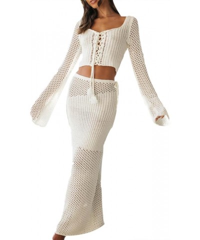 Women Crochet Knit 2 Piece Summer Outfits Set Hollow Out Long Sleeve Shirt Tops Bodycon Maxi Skirt Set Knitted White 36 $17.0...