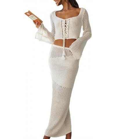 Women Crochet Knit 2 Piece Summer Outfits Set Hollow Out Long Sleeve Shirt Tops Bodycon Maxi Skirt Set Knitted White 36 $17.0...