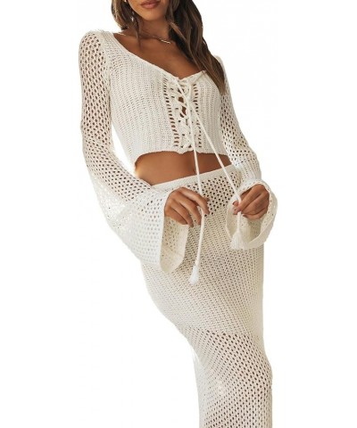 Women Crochet Knit 2 Piece Summer Outfits Set Hollow Out Long Sleeve Shirt Tops Bodycon Maxi Skirt Set Knitted White 36 $17.0...