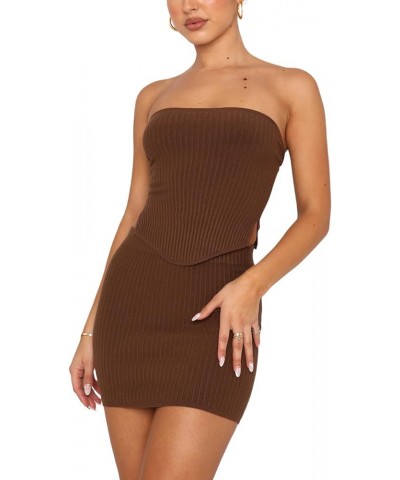 Women Two Piece Sexy Outfits Set Knitted Bandeau Crop Top Tube top Bodycon Mini Skirts Set Party Streetwear Brown $11.61 Suits