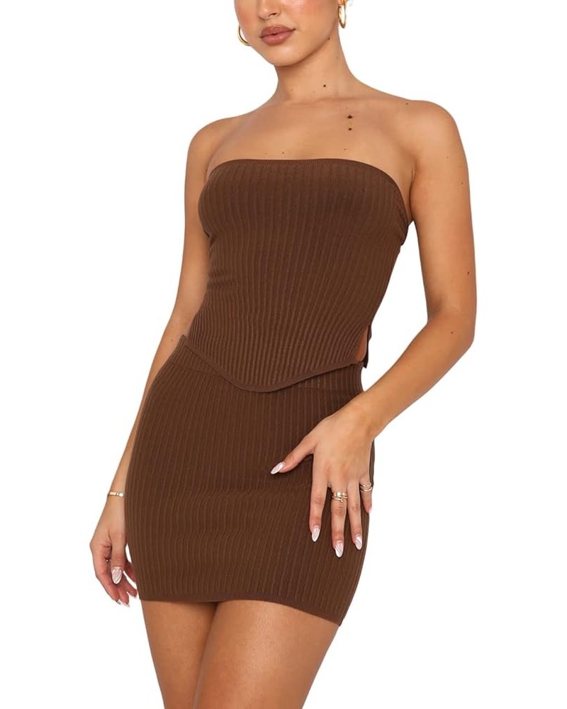 Women Two Piece Sexy Outfits Set Knitted Bandeau Crop Top Tube top Bodycon Mini Skirts Set Party Streetwear Brown $11.61 Suits