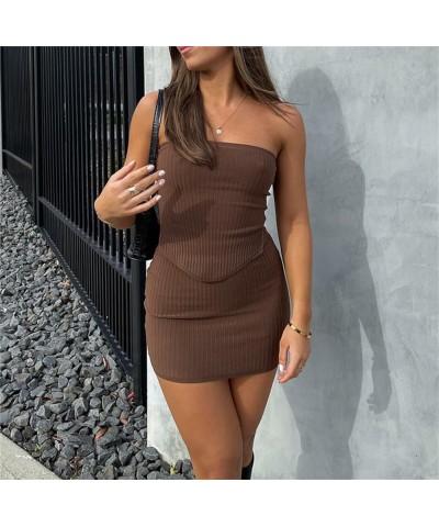 Women Two Piece Sexy Outfits Set Knitted Bandeau Crop Top Tube top Bodycon Mini Skirts Set Party Streetwear Brown $11.61 Suits