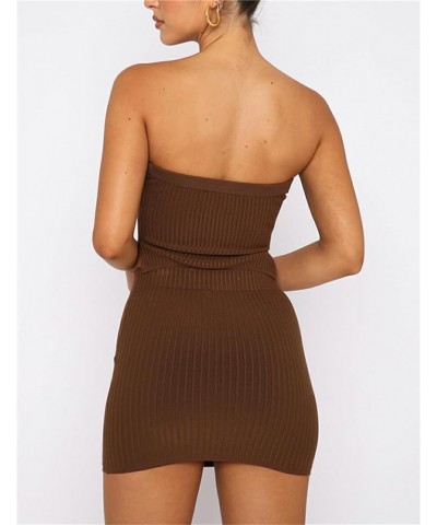 Women Two Piece Sexy Outfits Set Knitted Bandeau Crop Top Tube top Bodycon Mini Skirts Set Party Streetwear Brown $11.61 Suits